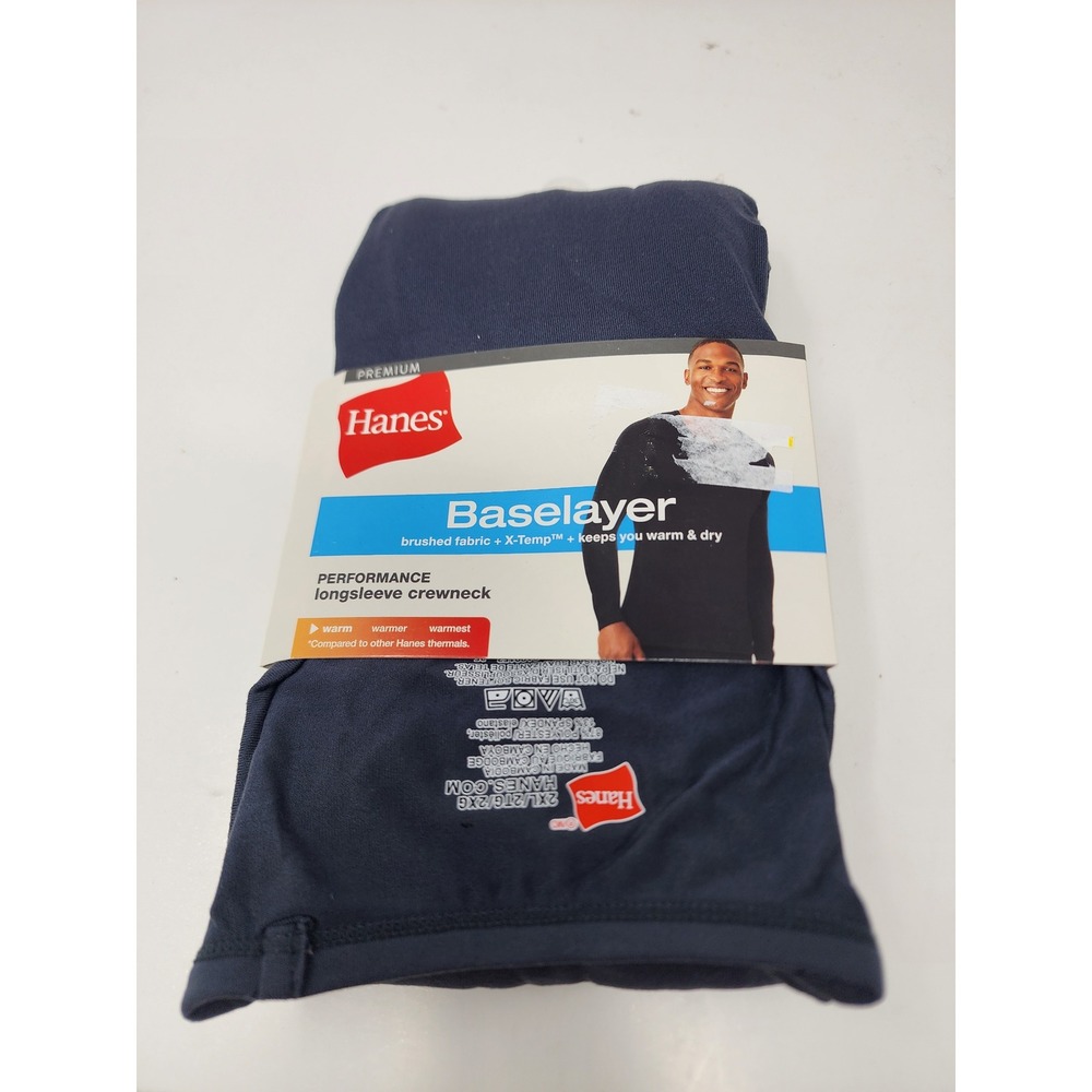 Hanes Mens Baselayer Thermal Long Sleeve Crewneck Navy Polyester Blend Size 2XL